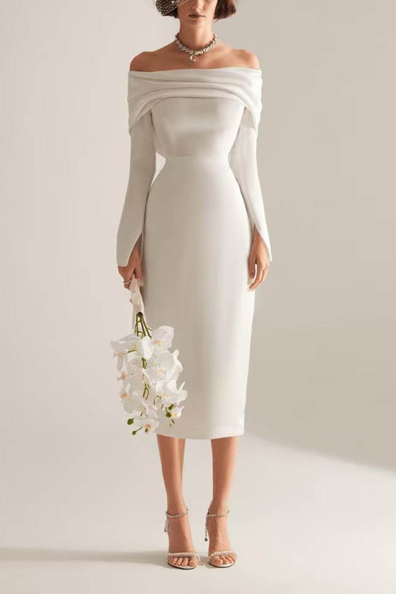 Sheath-Column Tea Length Satin Little White Dress 100001 - COCOMELODY